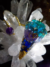 Pendule chrysocolle, améthyste, lapis lazuli.