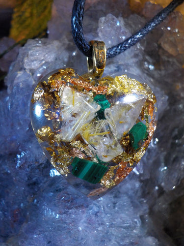 Orgonite, quartz rutile, malachite